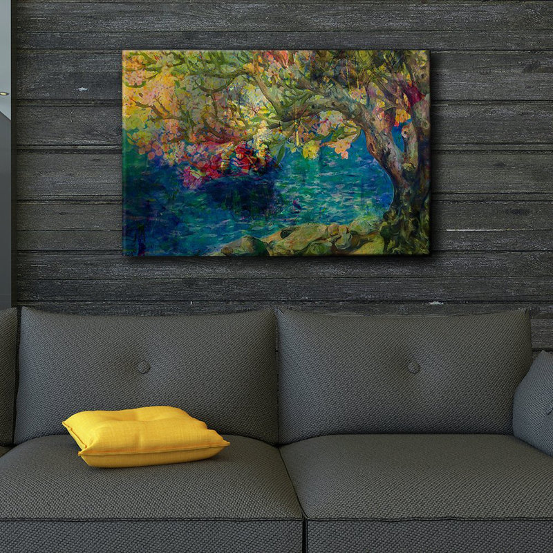 Peinture colorée d'un arbre au bord d'un lac, H 32 po x l 48 po x P 1,5 po