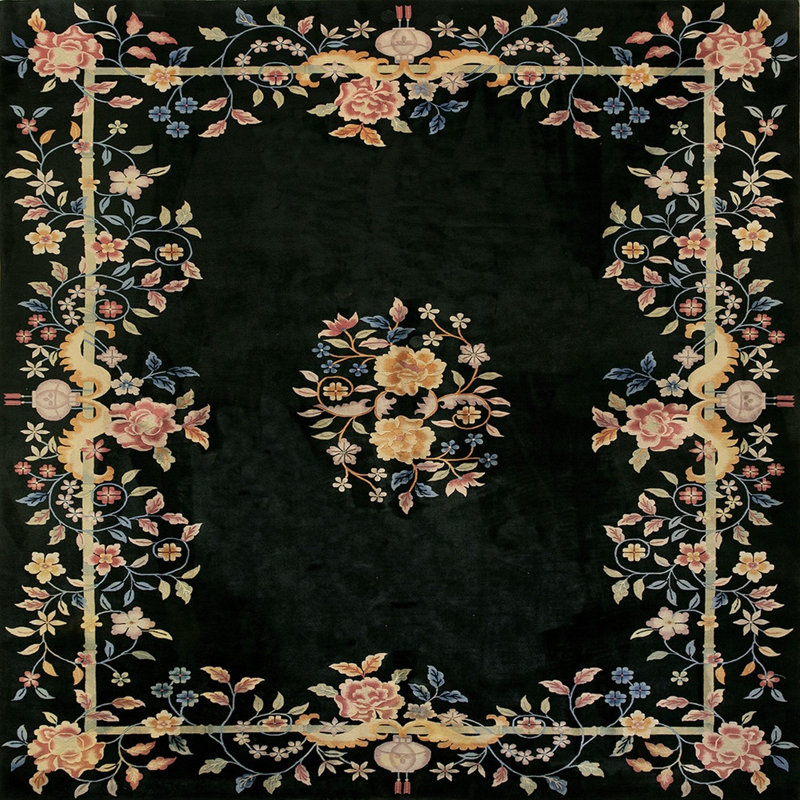 Deep Midnight Blue Almost Black Color Antique Art Deco Chinese Rug