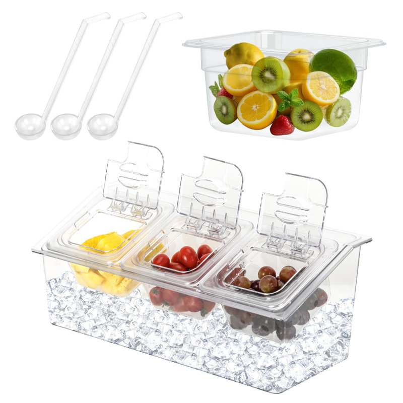 Ice Chilled Condiment Server, Condiment Caddy With 3 Polycarbonate Containers, 4" 1/6 Food Pan & Lid