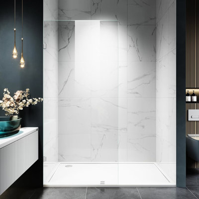 32" W 72" H Shower Panel, 3/8" 10Mm Tempered Glass, Stainless Steel Clamps, Reversible Mounting, Brushed , In Bathroom Modern Appeal Door, For Functionality