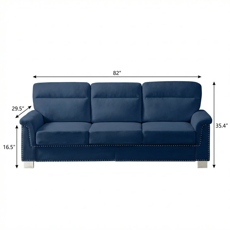 Canapé à trois places en tissu de velours compressé de 82 pouces de style moderne, idéal pour les salons et les chambres à coucher, bleu