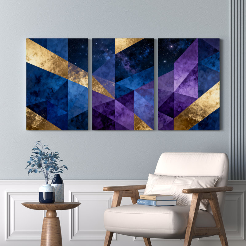 Ensemble de 3 tableaux sur toile à motif géométrique abstrait de galaxie, H 18 po x l 36 po