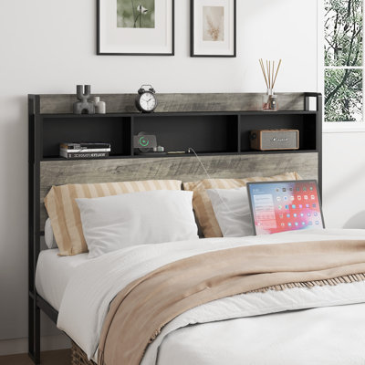 Structure de lit double avec tête de lit et station de charge, lit plateforme moderne avec ports USB intégrés, gris antique