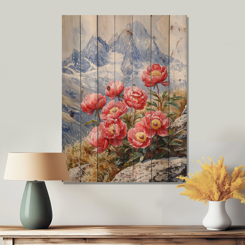 Pivoines et pics d'été Mountain III - Décoration murale en bois de pivoines - sur bois de pin naturel