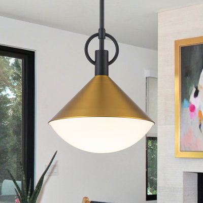 Modern Two-Tone Cone Pendant Light - Adjustable Height Black And Brass Kitchen Island Lighting With White Glass Shade - 11.4" Single Light E26 Base