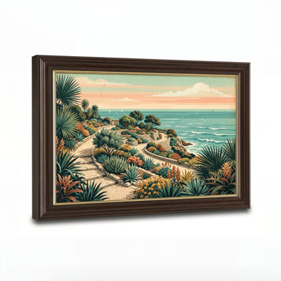 Art mural antique sur toile encadré doré pour le salon, la chambre à coucher, le bureau ou le vestibule - décoration murale décorative avec jardin côtier