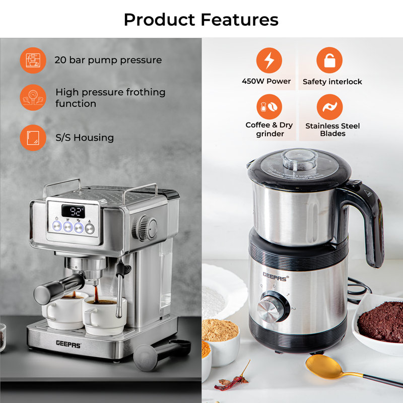 Geepas 1465W Espresso Coffee Machine & 450W Coffee Grinder Combo Set -Milk Frother - 800ML Capacity, 2 Speed Pulse