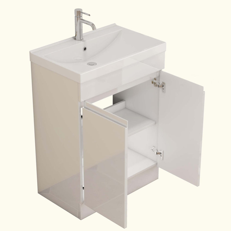 Meuble-lavabo de salle de bain avec lavabo, armoire de salle de bain 2 portes, avec tablette, conception sans poignée, lavabo en céramique à rebords épais unique, charnière à système de fermeture en douceur, assemblage facile