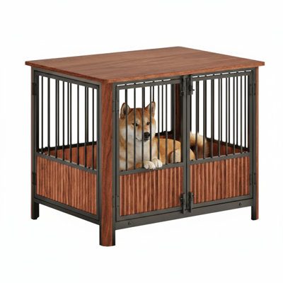 Cage pour chien 31,5 pouces en bois de noyer cannelé de style meuble, convenant aux petits et moyens chiens, dotée d'une conception à double porte, pouvant servir de maisonnette décorative et de table de bout intérieure.