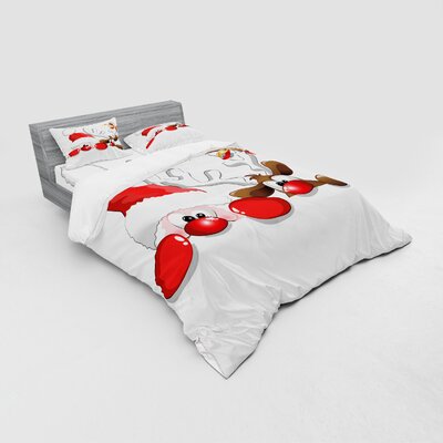 Christmas Funny Christmas Santa Claus and Reindeer Peeking Cartoon Humor Duvet Cover Set -  Ambesonne, bsnev_39806_queen