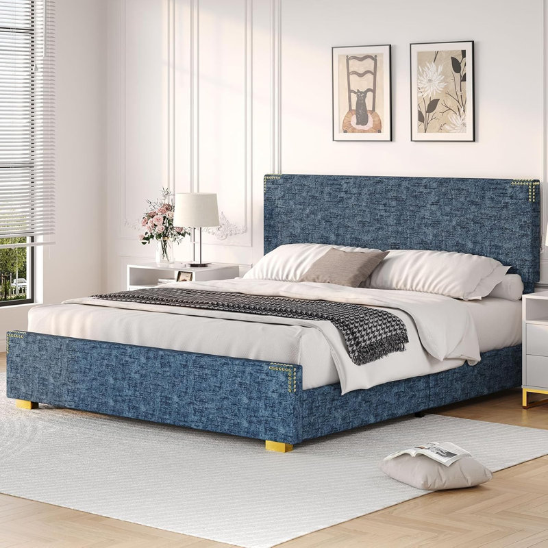 Lit tapissier Chenille, Bleu, Grand