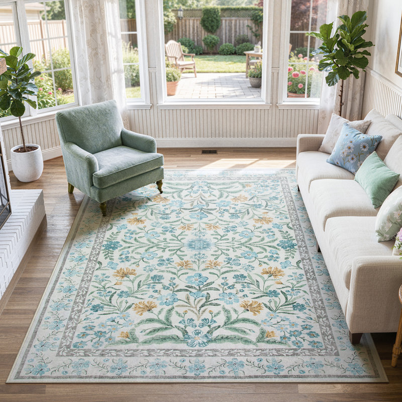  Washable Floral Area Rugs Boho Large Rugs Non-Slip for Bedroom Soft Rubber Backed Carpet, Rectangulaire 8 pi x 10 pi