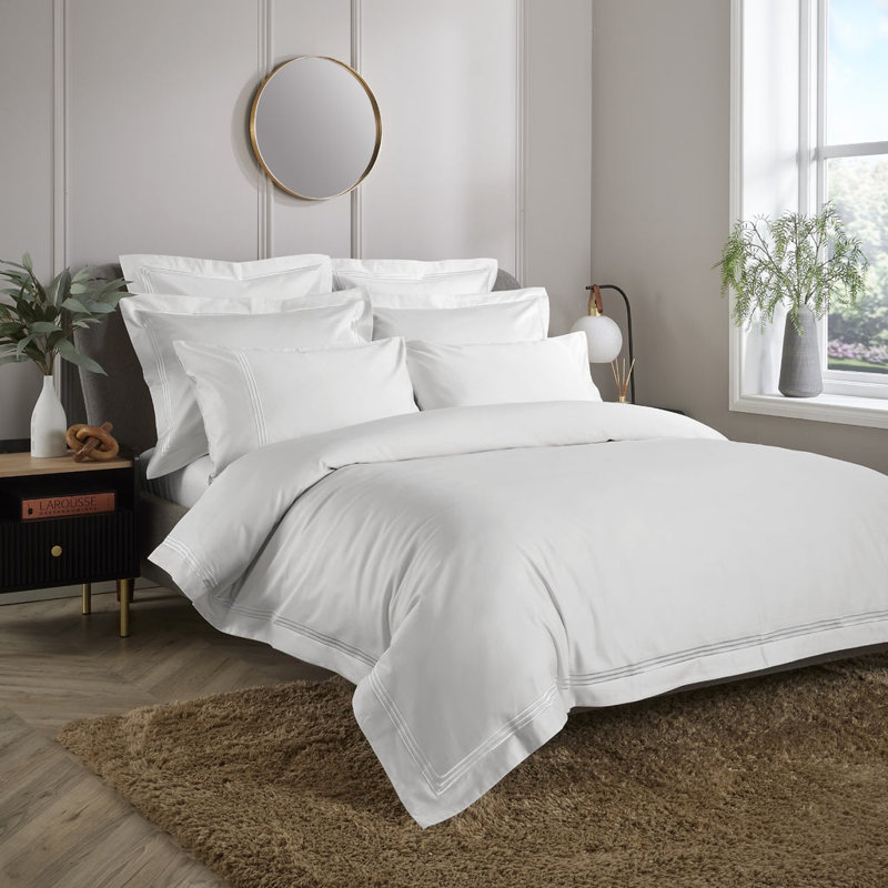 800 Thread Count Triple Row Embroidered Sateen Duvet Cover, White, Super King Duvet Cover