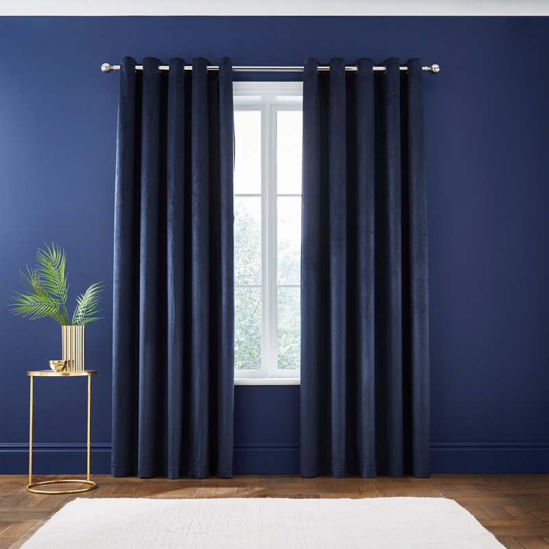 Kingsley Matt Velvet Lined Eyelet Curtains, Navy