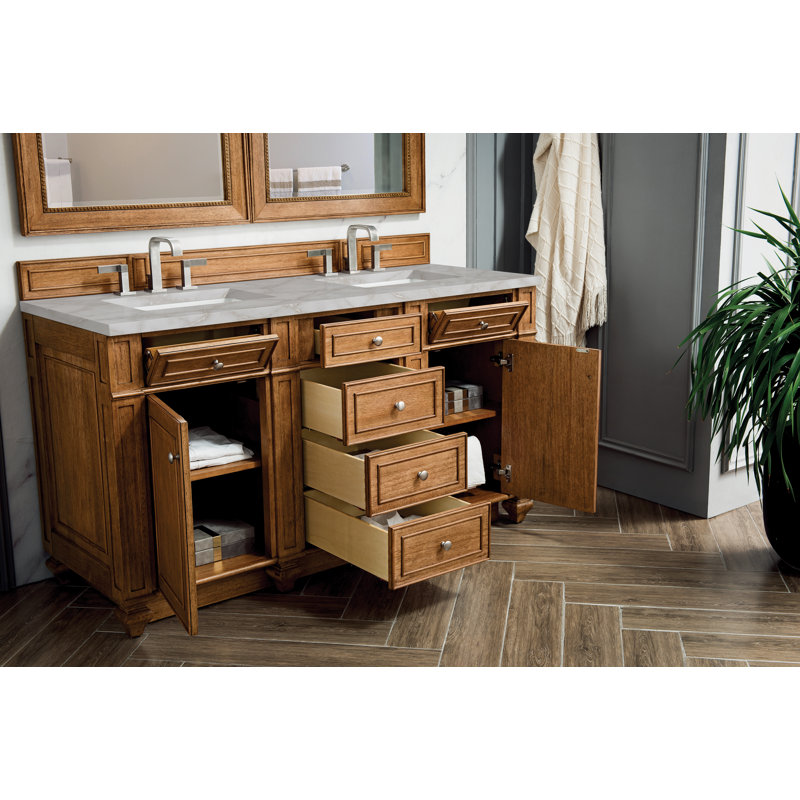 Meuble-lavabo double 60 po Bristol avec chargeur sans fil FreePower, Brun selle, Argent victorien