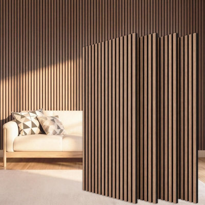 Wood Slat Acoustic Wall Panels for Interior Décor, Sound Absorbing Wood Wall Paneling, Living Room and Office Wall Décor, Walnut