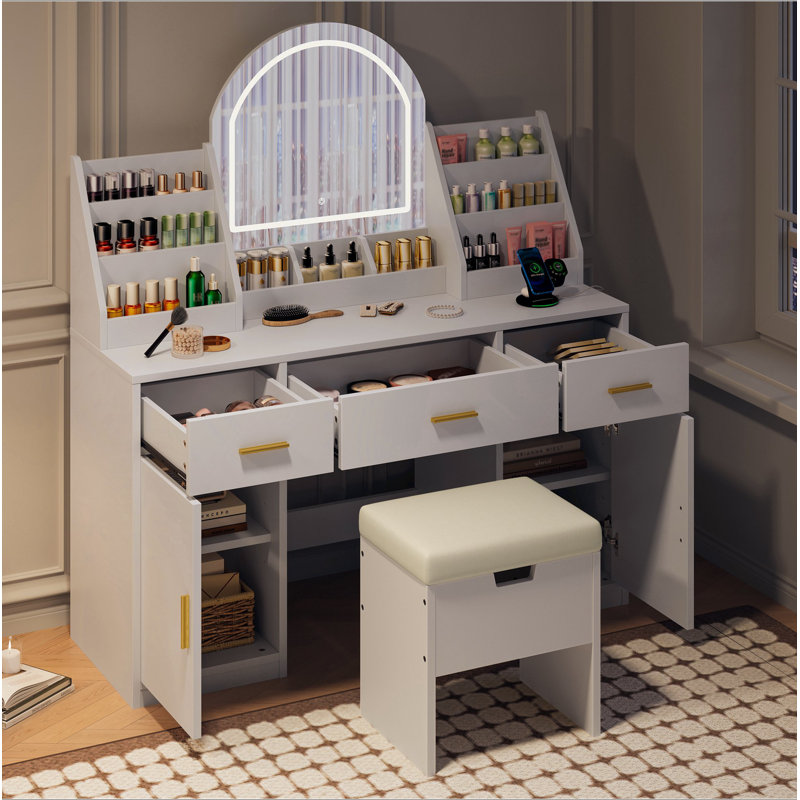 Coiffeuse 47,2 "avec miroir et lumière, coiffeuse avec tabouret de rangement rembourré, coiffeuse avec deux organisateurs, 3 tiroirs et 2 armoires pour la chambre à coucher