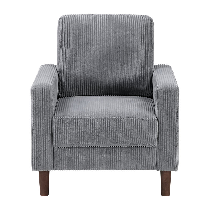 Chaise en velours côtelé gris moderne avec dossier rembourré et structure en bois massif, coussin confortable en contreplaqué exposé pour la chambre à coucher
