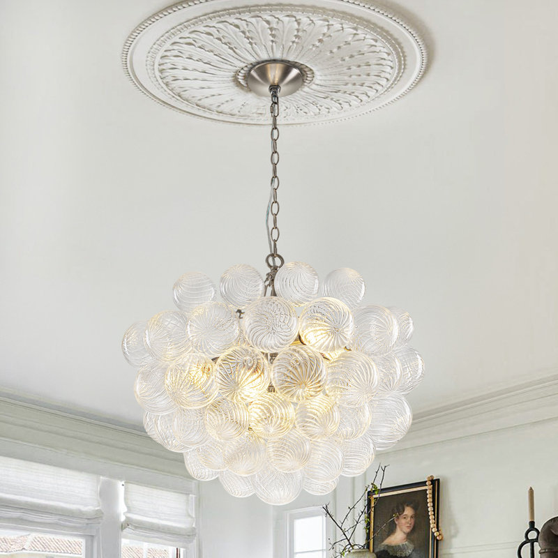6-light Modern Bubble Glass Chandelier, Hand Blown 24" D, Nickel