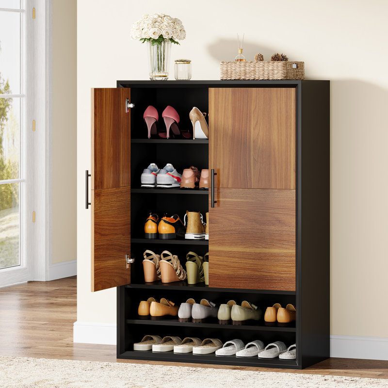 7-Shelf Rustic Tall Shoe Cabinet with Doors & Open Storage