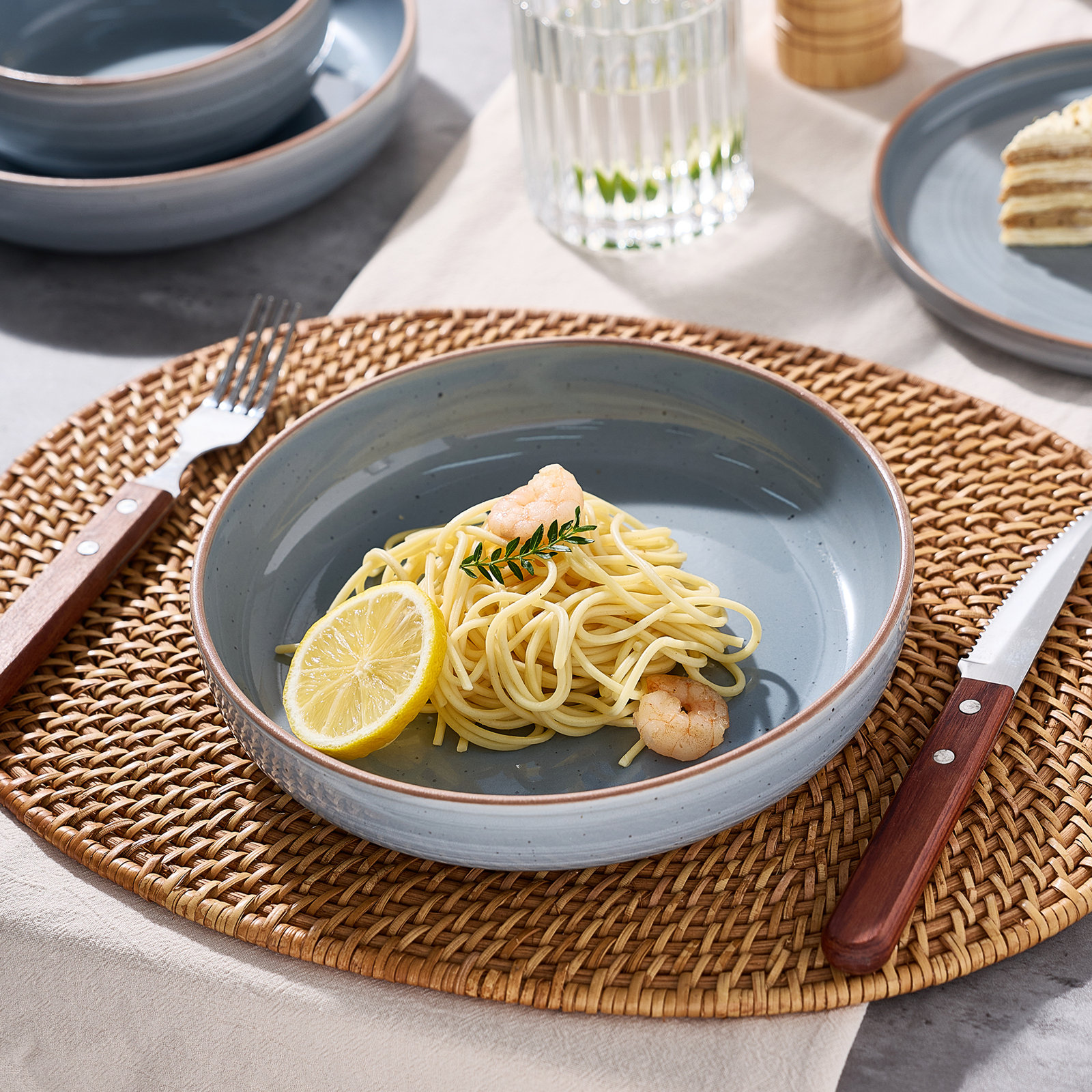 8.5" W Striped Round Pasta Bowls, Grayish Blue