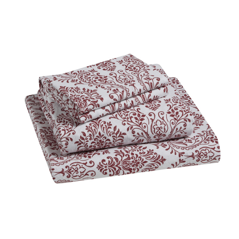 Damask Triple Brushed Cotton Flannel Bed Sheet Set, Queen Sheet Set + Fitted Sheet + Pillowcases, Red/White