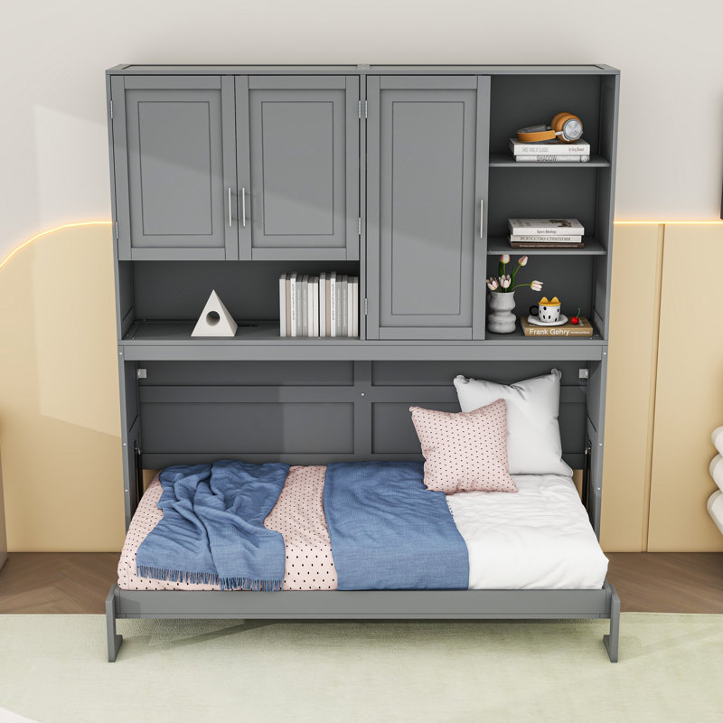 Lit escamotable simple avec tablettes et lumière, Gris