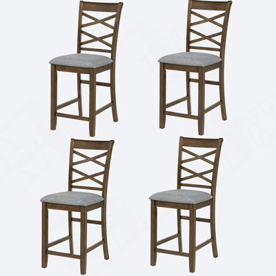 Ensemble de 4 chaises de salle à manger à hauteur de comptoir en bois avec siège en lin rembourré et dossier ergonomique à double traverse pour la cuisine ou la salle à manger.