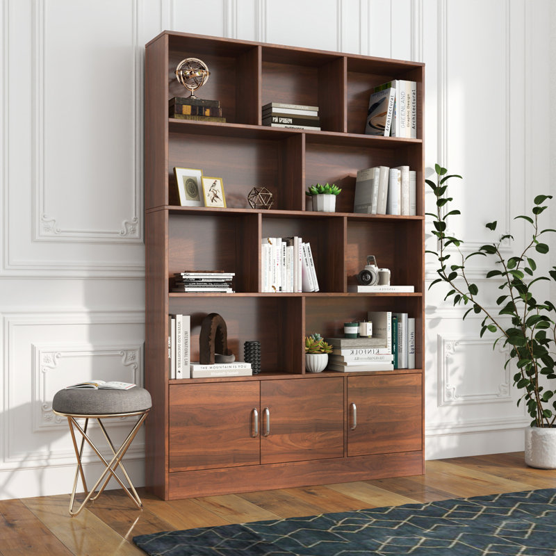 Tall Bookshelf With 10 Cubes And 3 Doors, 4-Tier Bookshelf, Open Shelf Bookcase With Cabinet, Modern Cube Storage Organizer For Living Room, And Office