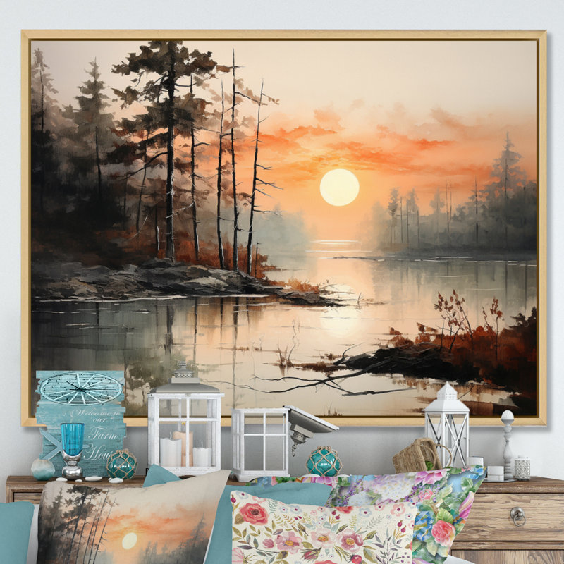 «Lake Misty Morning Reflections I - Lakes Lakehouse», art mural sur toile, H 16 po x l 32 po x P 1 po, Cadre flottant érable