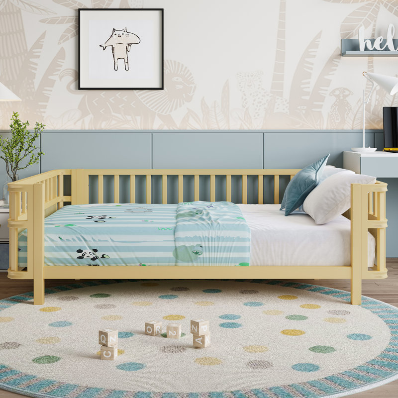 Luma Modern Wooden Platform Bed with Safety Railings, Natural, Full