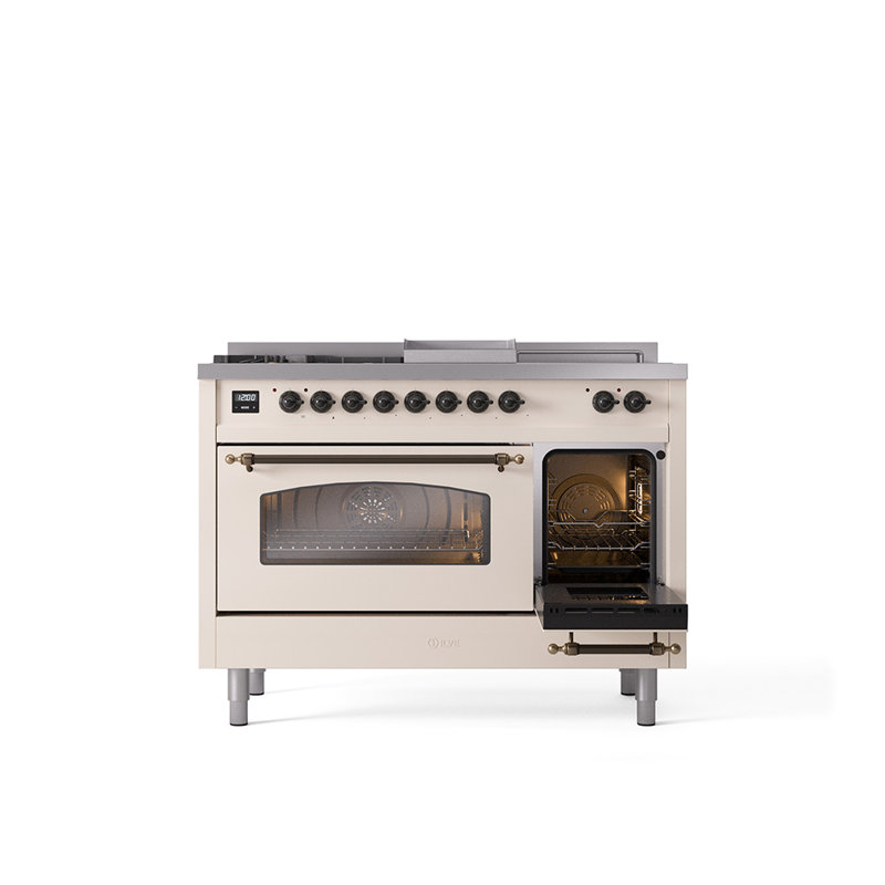 Cuisinière à double combustible de 48 po avec 5 brûleurs scellés, plaque chauffante et porte française ILVE Nostalgie II Series
