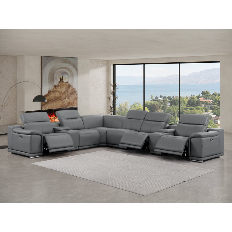 8-Piece L-Shaped Power Reclining Sectional In Genuine Leather – 3 Recliners, Dark Gray Top Grain Leather