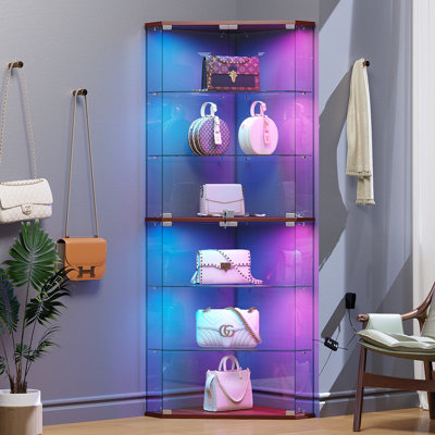 71'' Tall Display Cabinet with RGB Sensor Lights, Corner Glass Display Cabinet with Lock