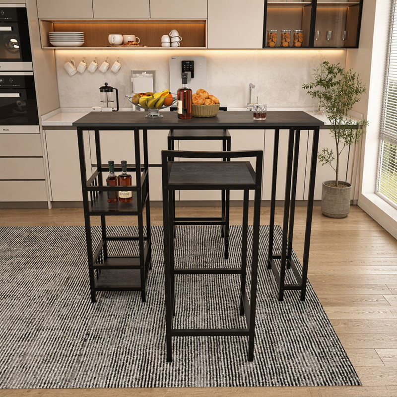 Ensemble de table de bar haute de style industriel avec étagères de rangement latérales et tabourets sans dossier