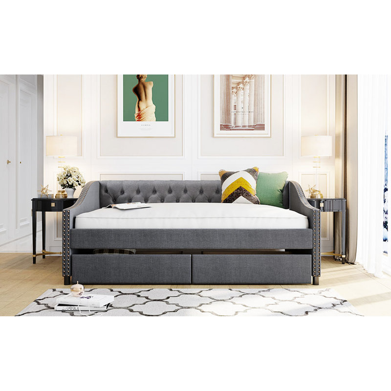 Upholstered Daybed With Two Drawers, Grey, Support Base Grey Upholstery, Structure, Grey