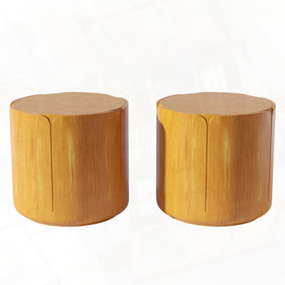 Round Outdoor Indoor Side Table Set, Modern Wood Grain Patio Garden Stool, Sturdy And Waterproof For Versatile Use, No-Assembly Required, Set Of 2
