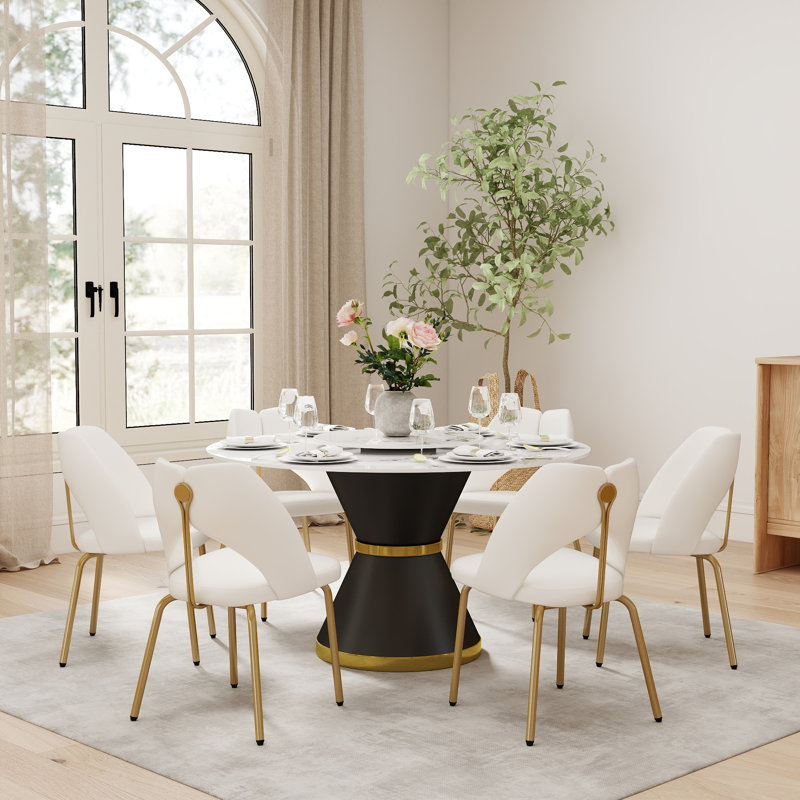Ryding Modern Round Sintered Stone Dining Table with Rotating Tray, 29.5" H x 53" L x 53" W, Patek White