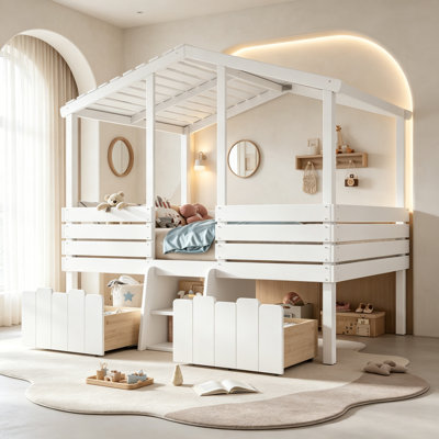 Lit mezzanine bas House avec escaliers et tiroirs de rangement pour enfants, cadre de lit mezzanine en bois massif pour petite chambre à coucher, taille double, blanc