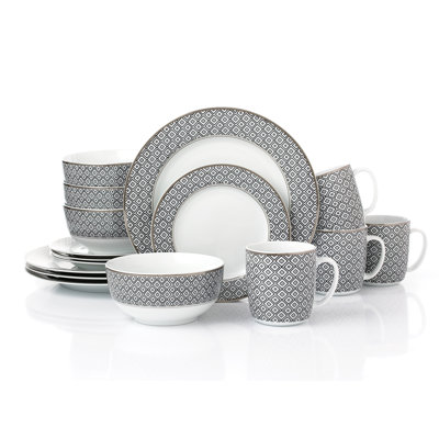 Waterside 16pc Premium Diamond Porcelain Dinner Set with Silver Rim