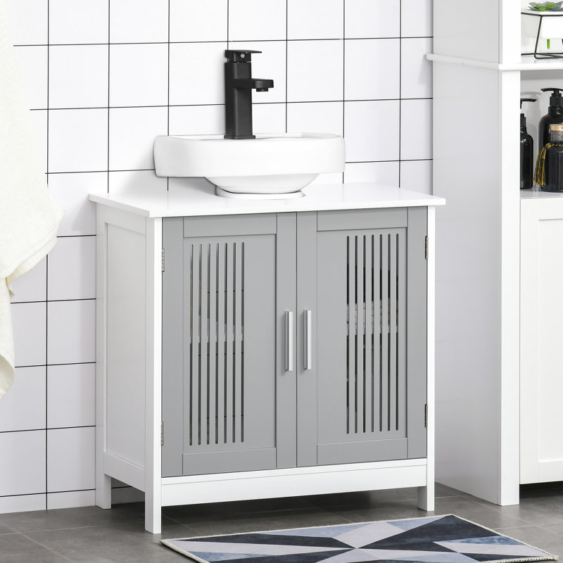 Armoire de salle de bain sous le lavabo grise et blanche - peu encombrante, 2 portes, tablettes ajustables, pratique pour divers usages