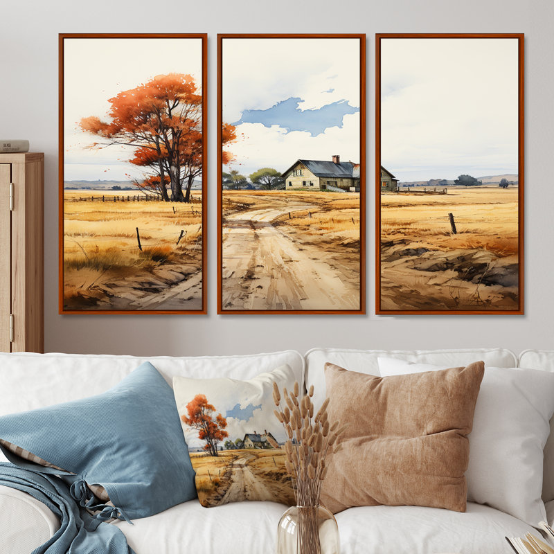 Rustic Country House Autumn Road - ensemble de décorations murales paysage, H 28 po x l 36 po x P 1 po, Cadre flottant brun