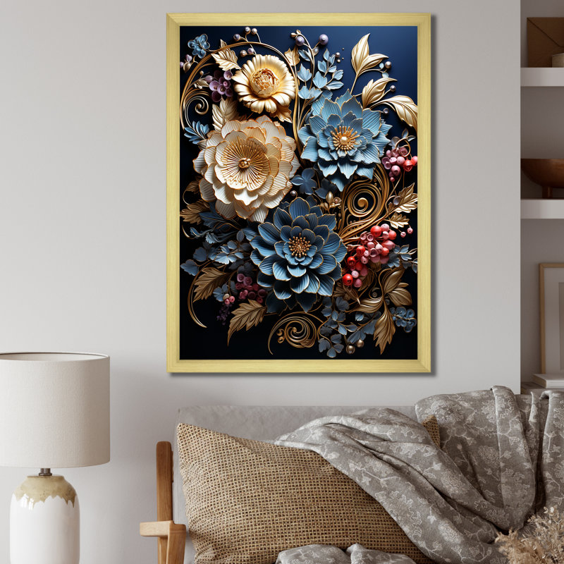 Bouquet de fleurs abstrait bleu Jeira, H 32 po x l 24 po x P 1 po, Encadrement doré