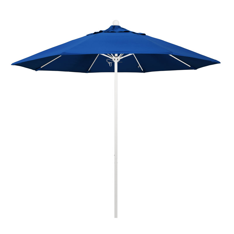 Parasol de patio blanc de qualité commerciale 9 pi avec nervures en fibre de verre Hibo, Blanc mat, Bleu pacifique - Pacifica