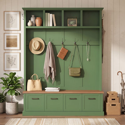 Hall Tree with Storage Bench, 7 Metal Hooks, Open Display Shelves, and 4 Shoe Cabinets for Foyer or Hallway
