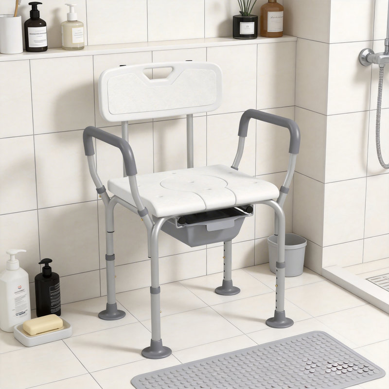 Feumore 3 in1 Height Adjustable Shower Chair with Arms and Back White
