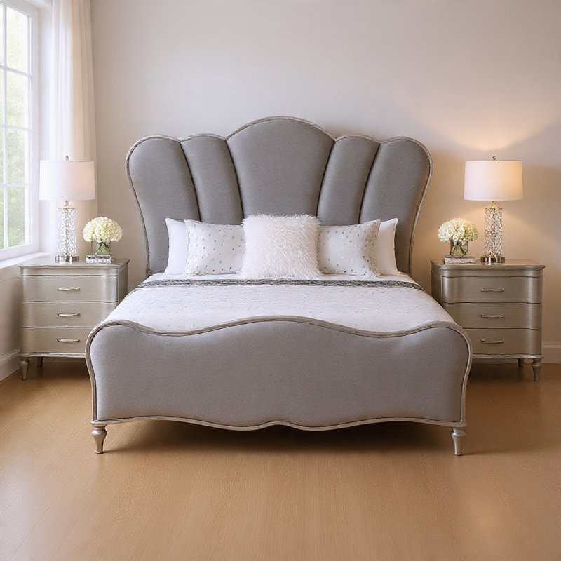 Ensemble de chambre pour grand lit, argent, bois chromé, ensemble de 3 pièces avec 2 tables de chevet, Chrome/Silver