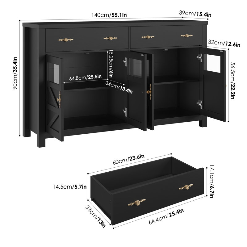 Black and Gold 55'' Farmhouse Sideboard with Glass Doors
