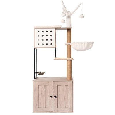 Gray Cat Tree With Integrated Litter Box And Scratching Posts, 3 - Tier Vertical Layout, Feeding Area Slip Mat Removable Sticks, Ideal For Small Spaces Space Saving American Style Enclosure, Design,