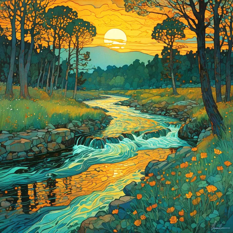 Coucher de soleil sur la rivière qui coule à travers la forêt d'automne, art mural sur toile, H 30 po x l 30 po x P 1,5 po